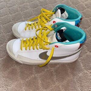 Nike Kids White and Yellow High-Top Sneakers with Silver Swoosh